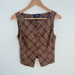 Cider Brown Plaid Button Vest Top Vintage Academia Sleeveless Blouse
